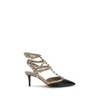 Black Calfskin Rockstud Mid Heel Pumps