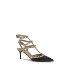 Black Calfskin Rockstud Mid Heel Pumps