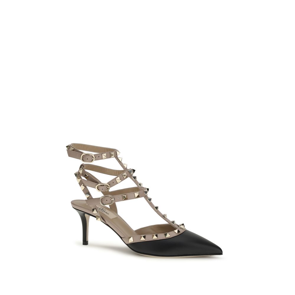 Black Calfskin Rockstud Mid Heel Pumps