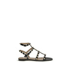 Black Calf Leather Rockstud Flat Sandals
