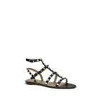 Black Calf Leather Rockstud Flat Sandals