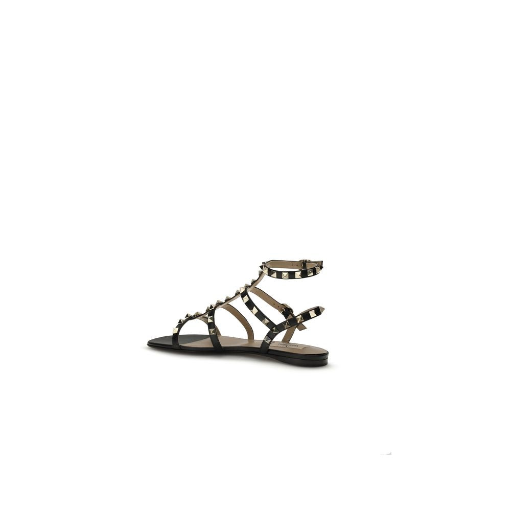 Black Calf Leather Rockstud Flat Sandals