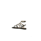 Black Calf Leather Rockstud Flat Sandals