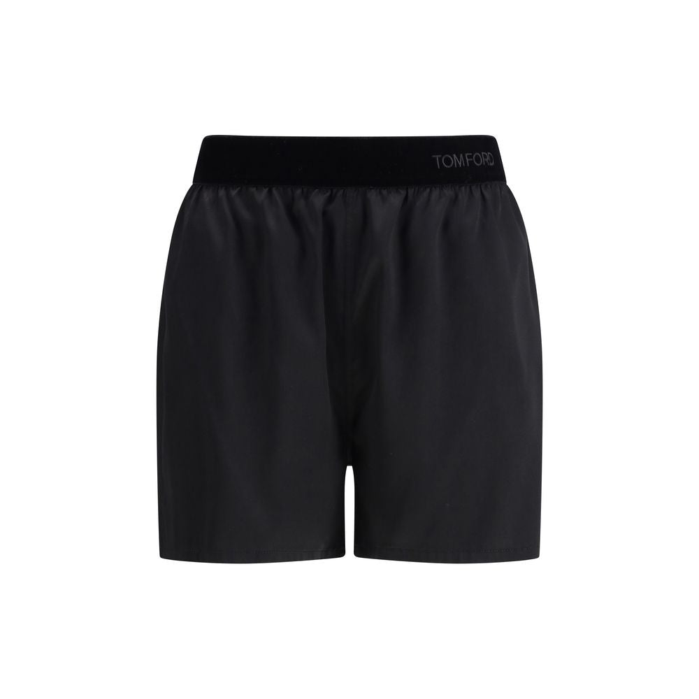 Black Stretch Silk Satin Regular Bermuda Shorts