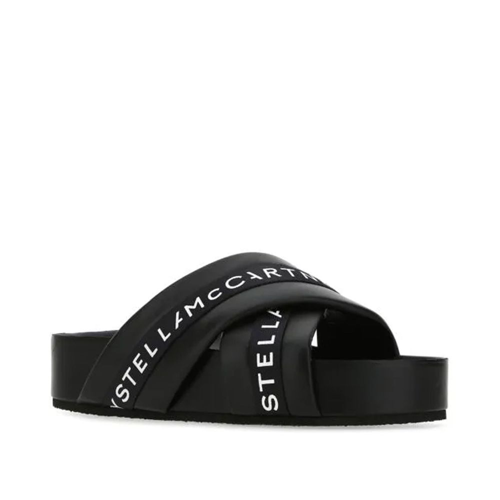 Black Polyurethane Open Toe Slippers