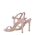 Pink Suede Stiletto Heel Sandals With Rhinestone Embellishments
