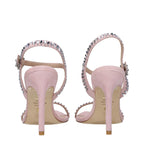 Pink Suede Stiletto Heel Sandals With Rhinestone Embellishments