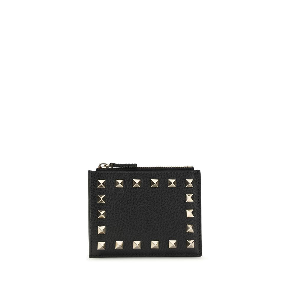 Rockstud Zip Card Holder in Black Calf Leather