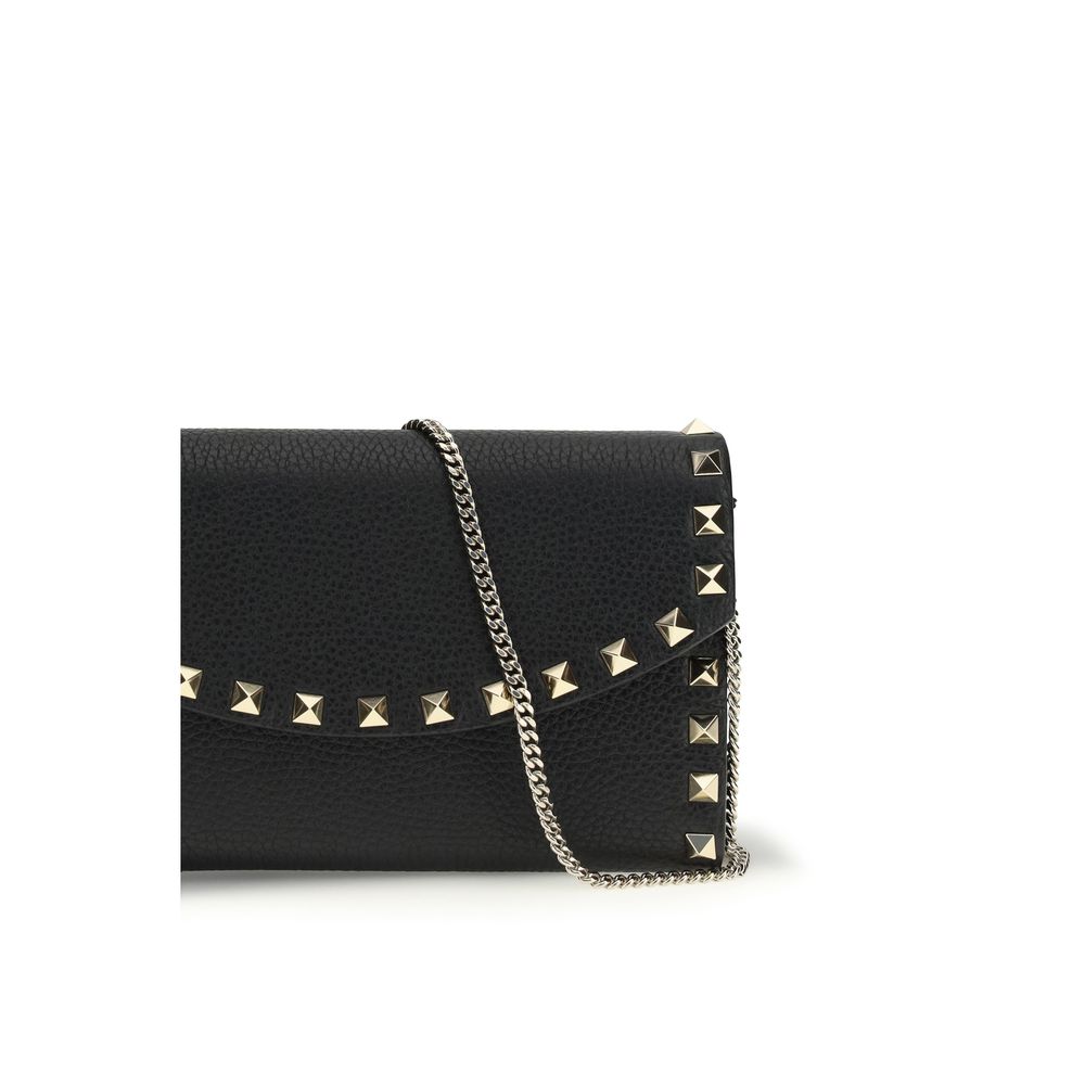Rockstud Chain Wallet In Black Calf Leather