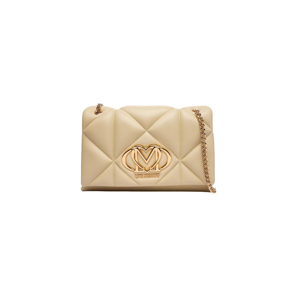 Beige Faux Leather Geometric Quilted Chain Strap Handbag