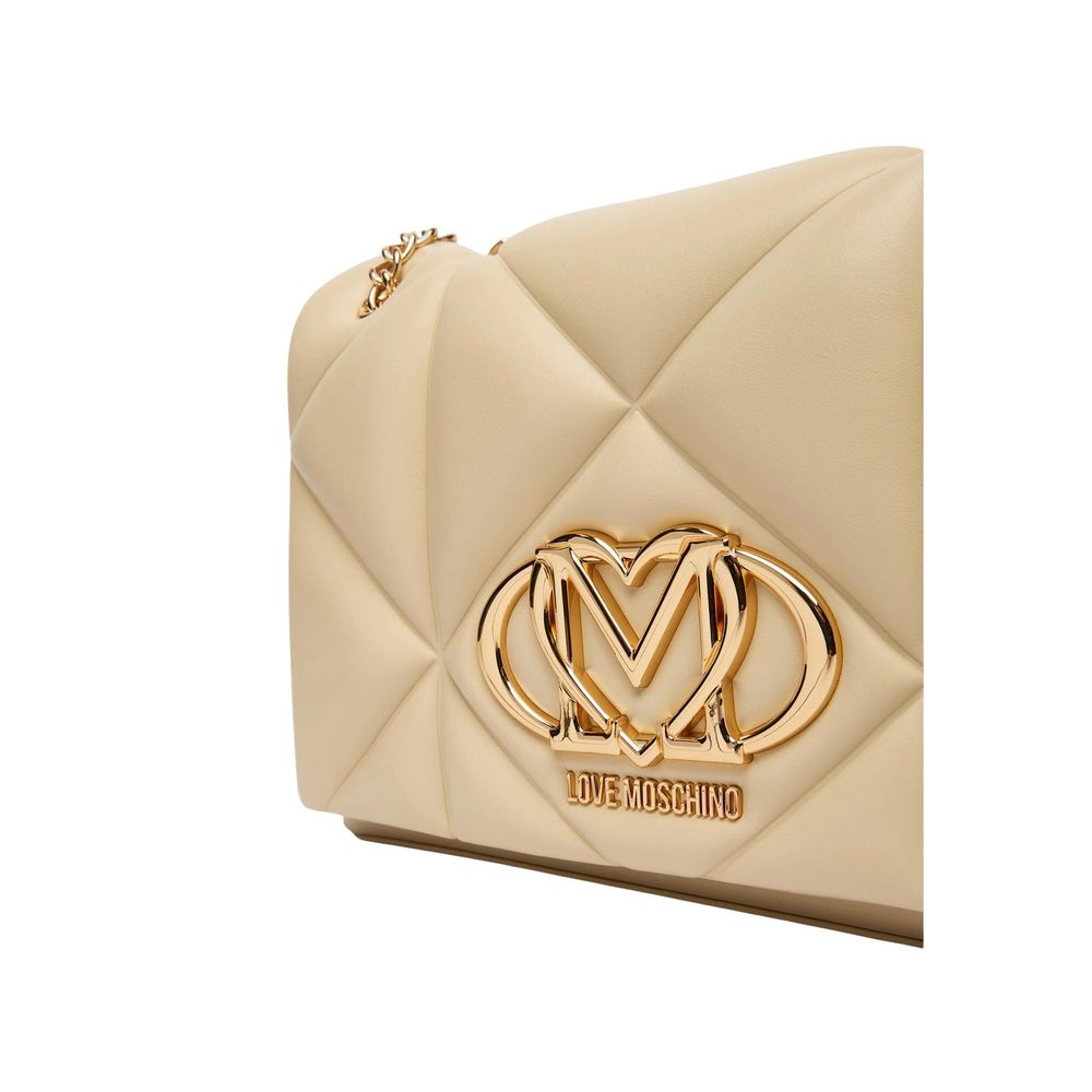 Beige Faux Leather Geometric Quilted Chain Strap Handbag