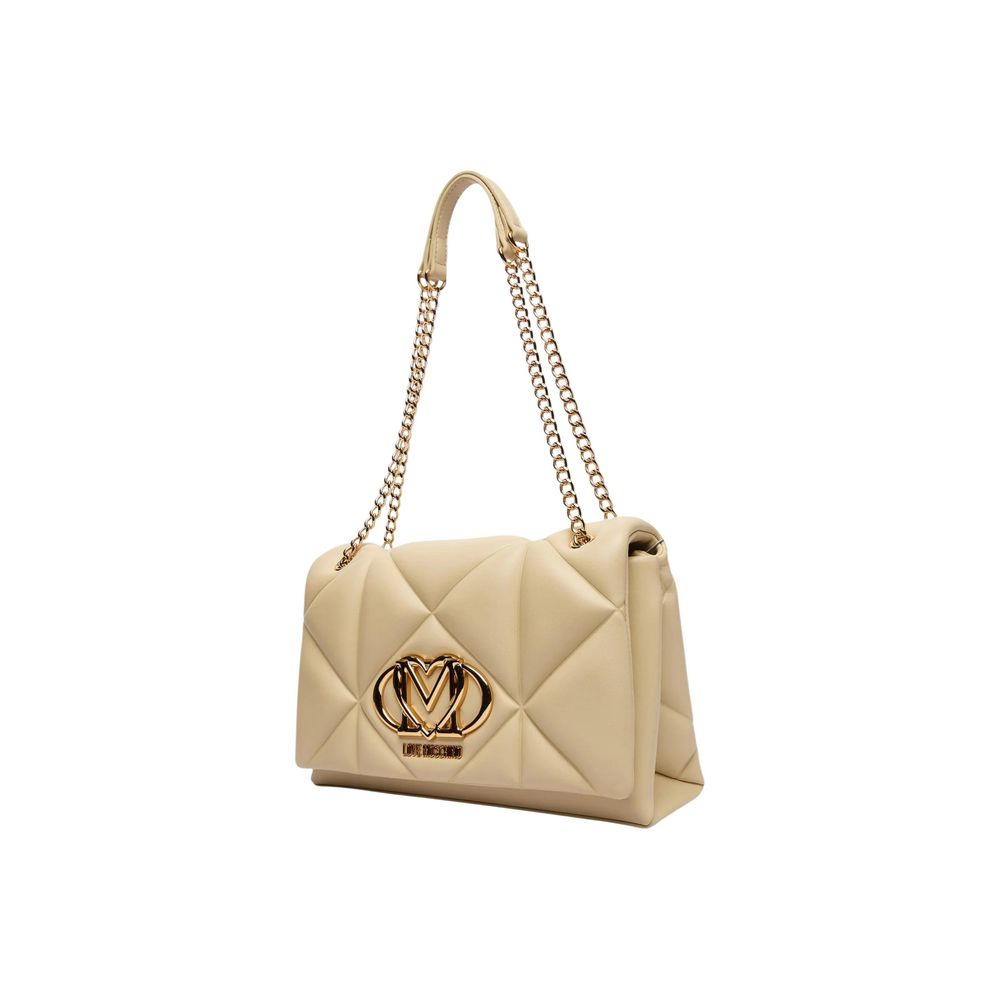 Beige Faux Leather Geometric Quilted Chain Strap Handbag