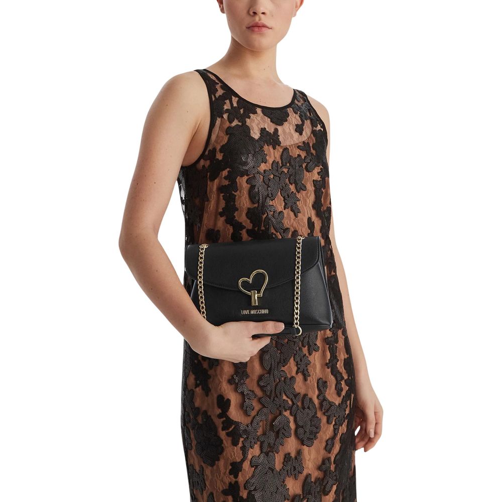 Black Polyurethane Medium Handbag