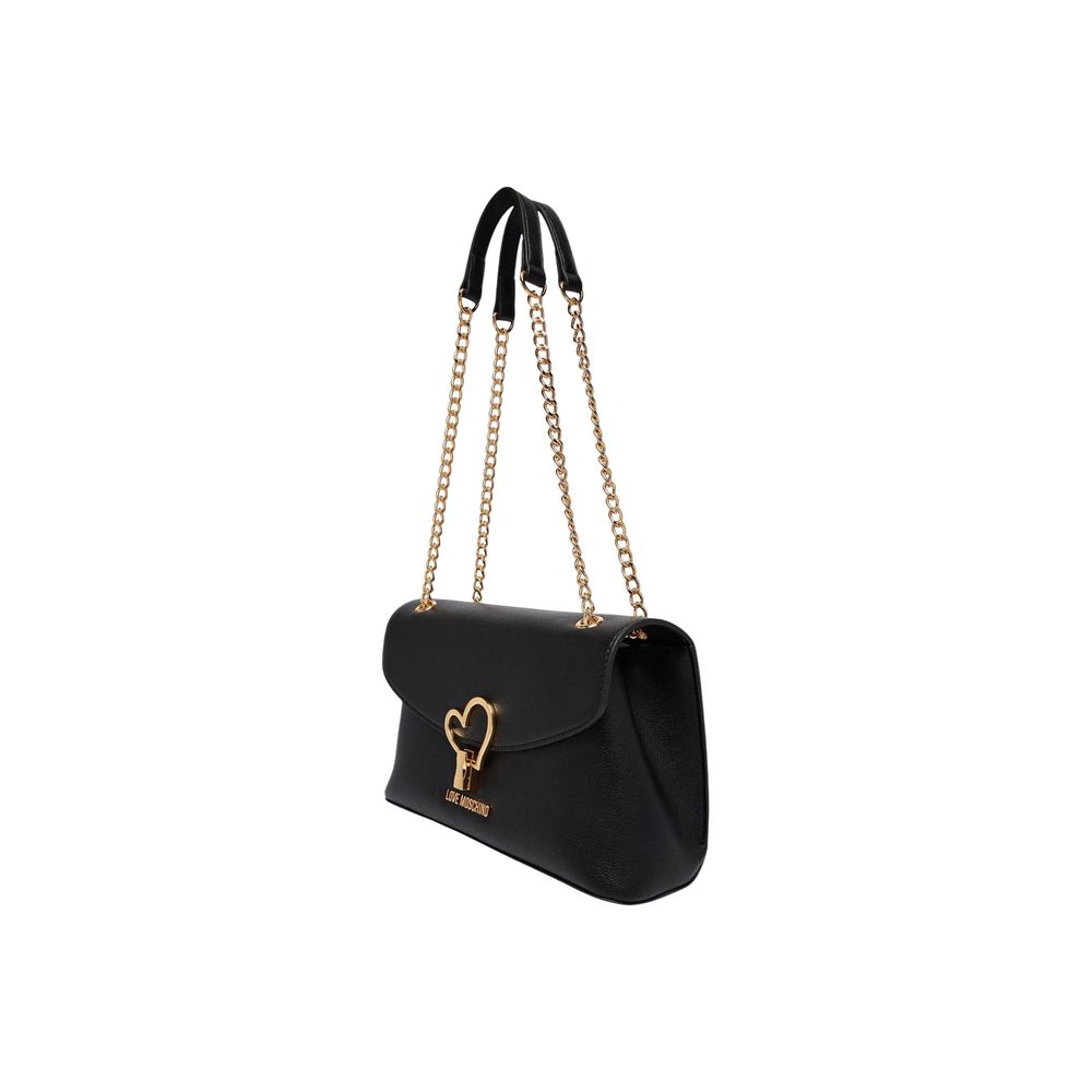 Black Polyurethane Medium Handbag