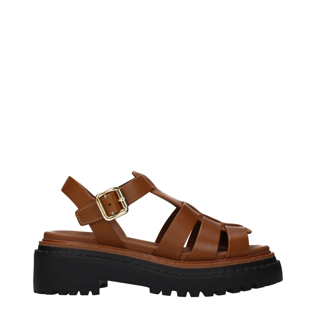 Brown Grained Leather Platform Sandals