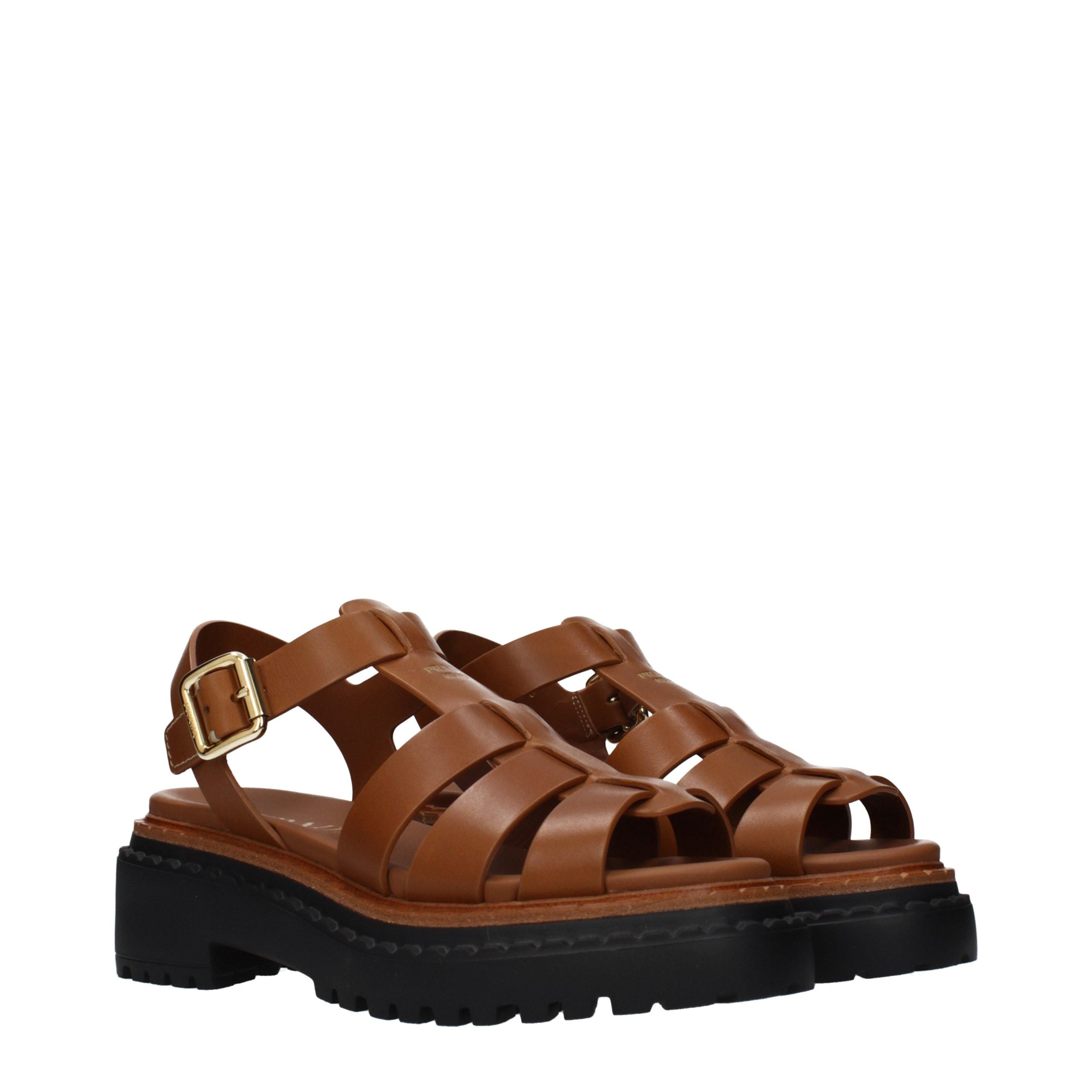 Brown Grained Leather Platform Sandals