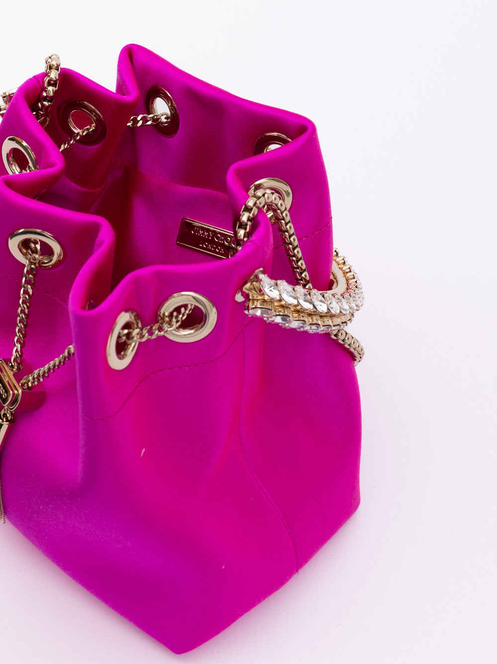Fuchsia Satin Bon Bon Bucket Bag With Crystal Decoration