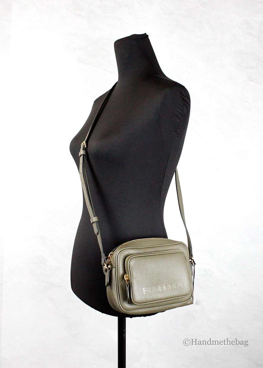 Small Branded Dark Fern Green Grainy Leather Camera Crossbody Bag