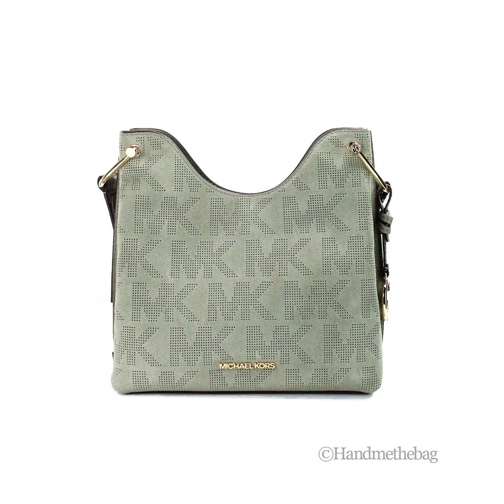 Green Perforated Suede Leather Joan Small Slouchy Messenger Handbag