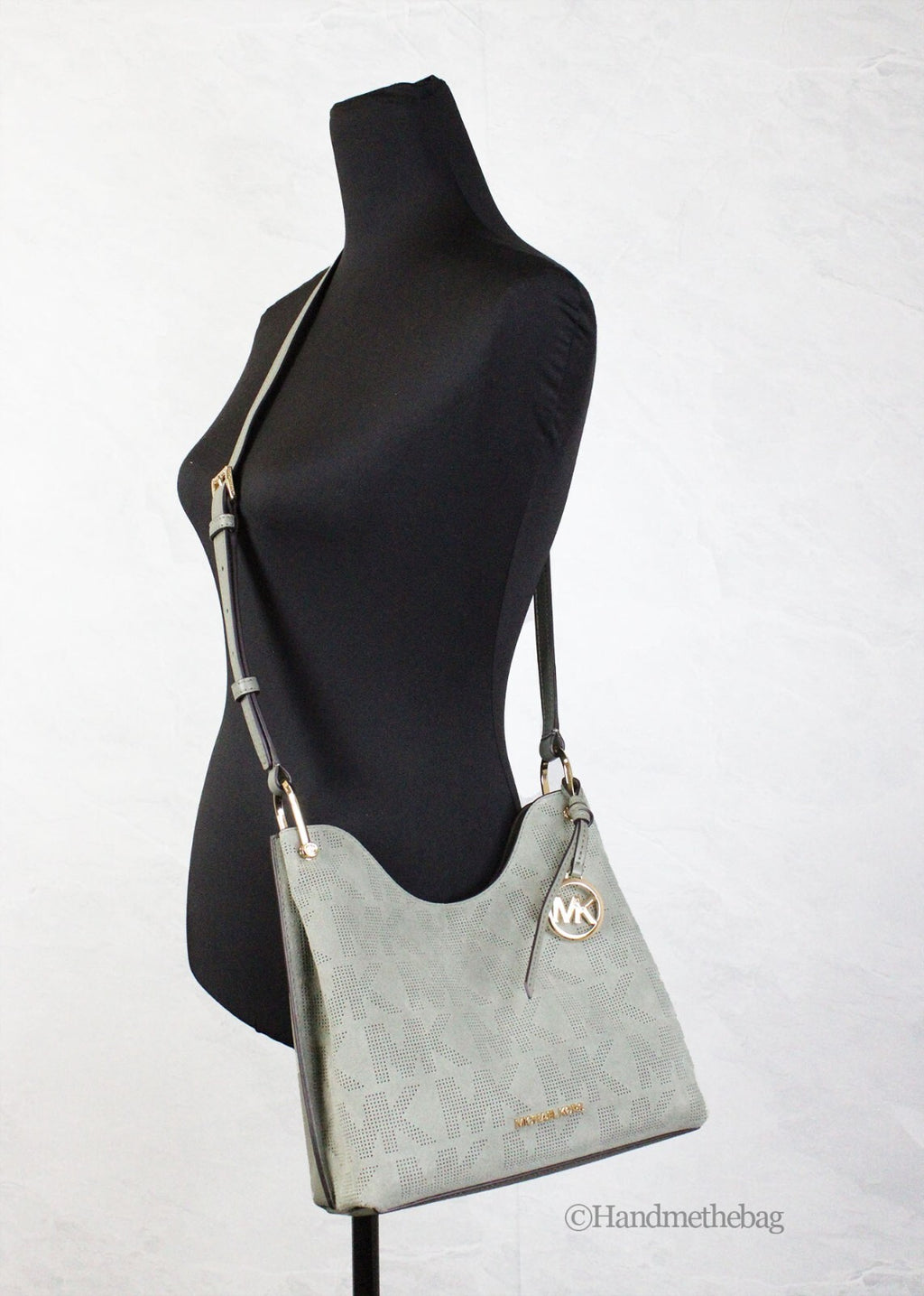 Green Perforated Suede Leather Joan Small Slouchy Messenger Handbag