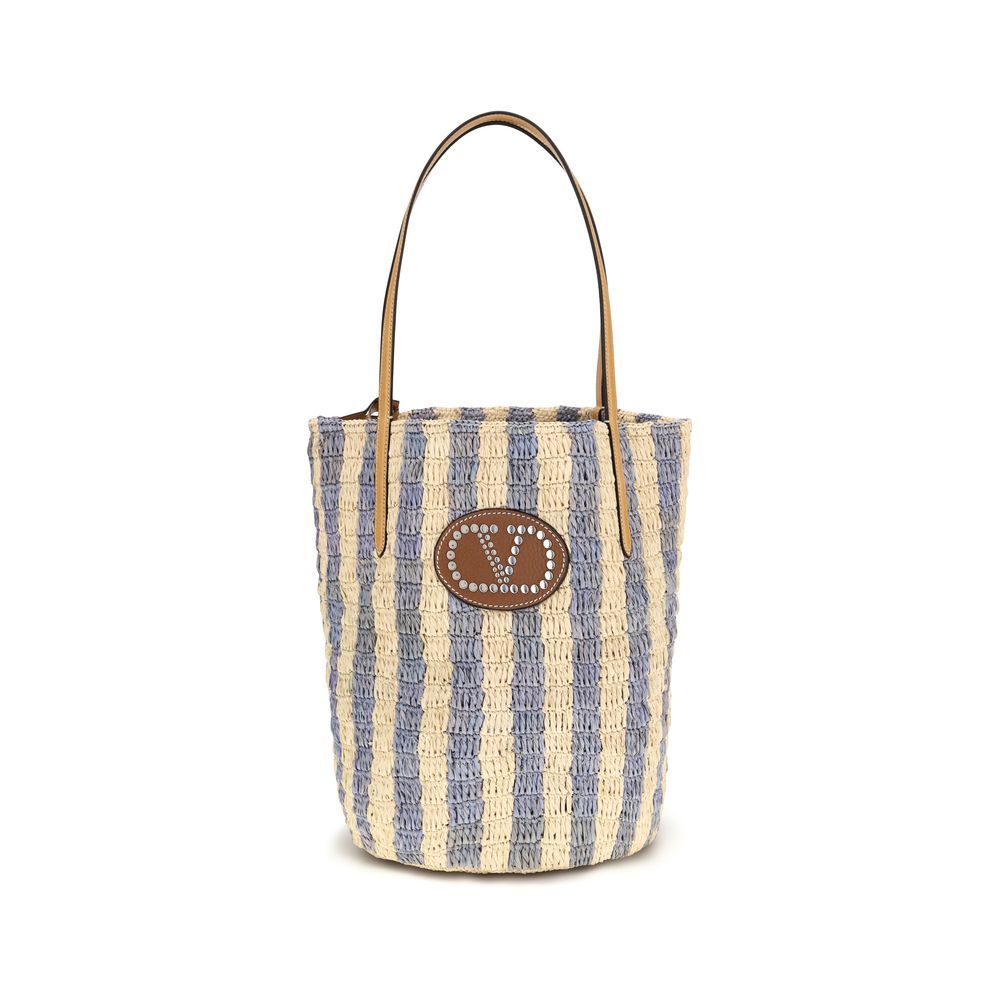 Striped Raffia VLogo Signature Bucket Bag