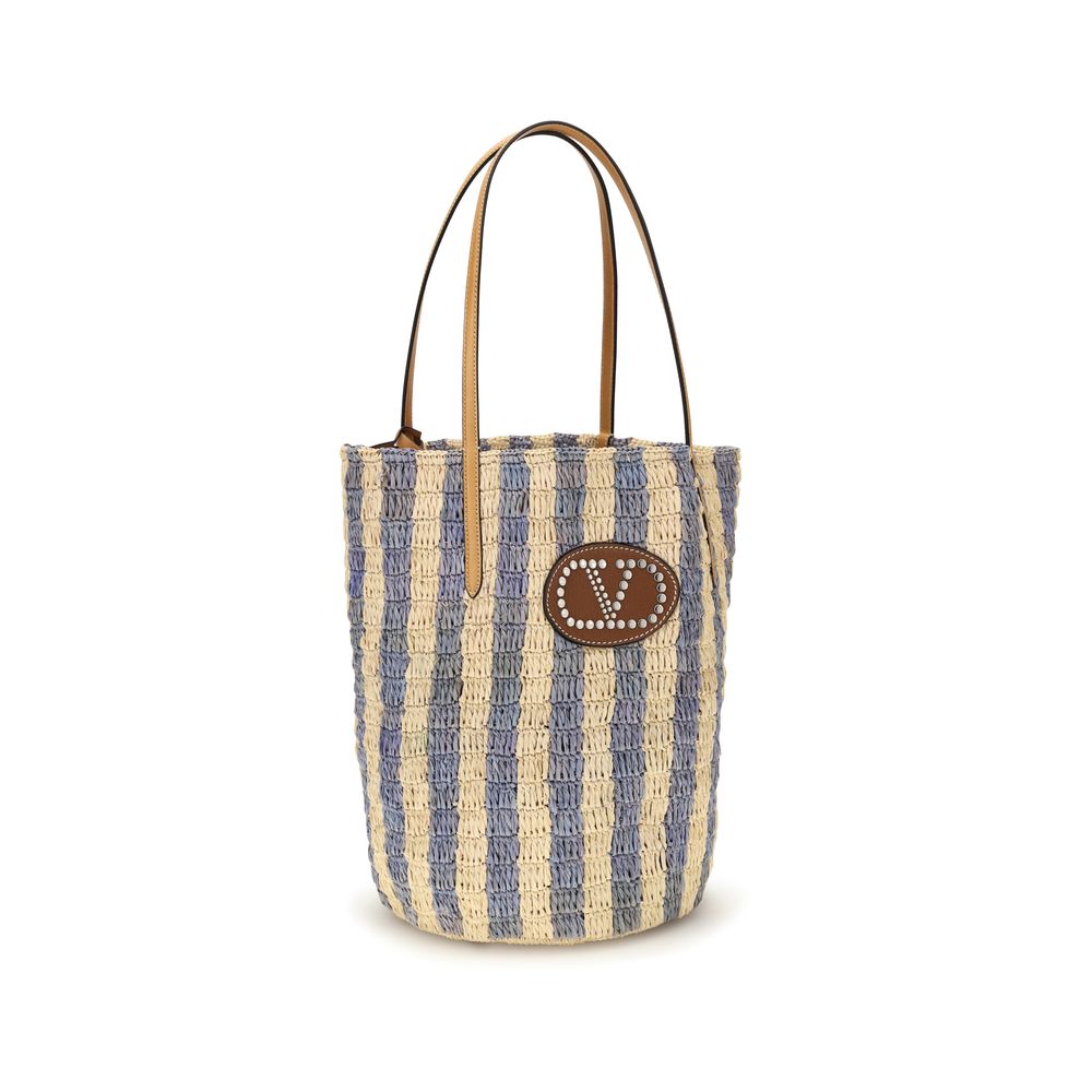 Striped Raffia VLogo Signature Bucket Bag