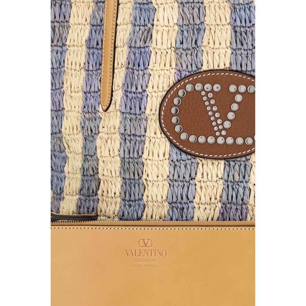 Striped Raffia VLogo Signature Bucket Bag