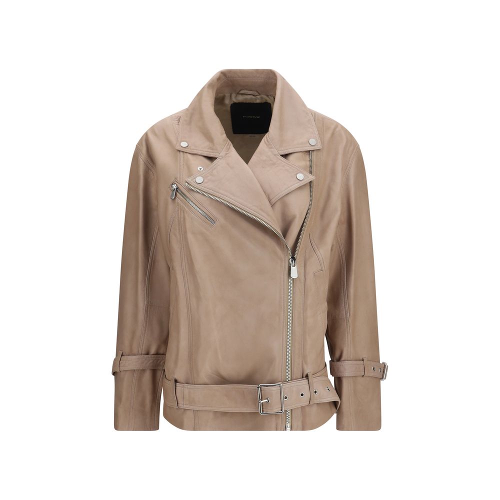 Beige Leather Biker Jacket