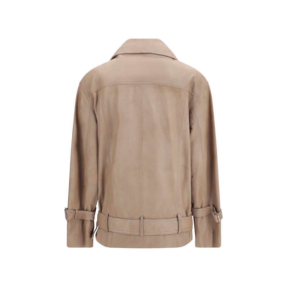 Beige Leather Biker Jacket