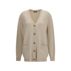 Beige Cotton and Merino Wool V-neck Cardigan