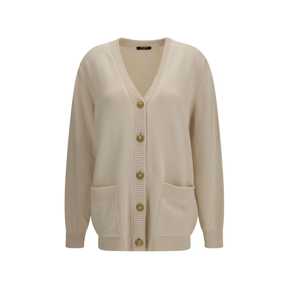 Beige Cotton and Merino Wool V-neck Cardigan