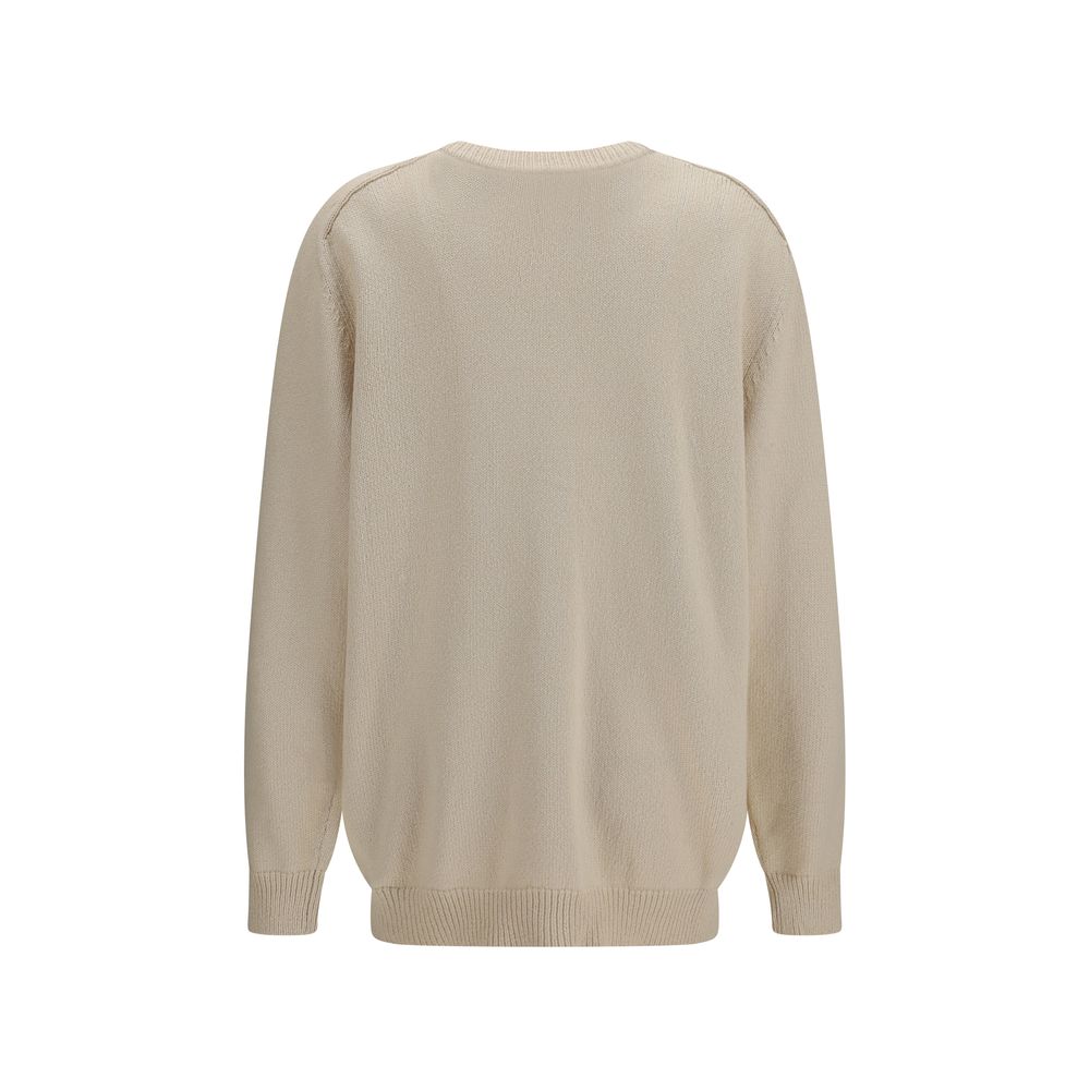 Beige Cotton and Merino Wool V-neck Cardigan