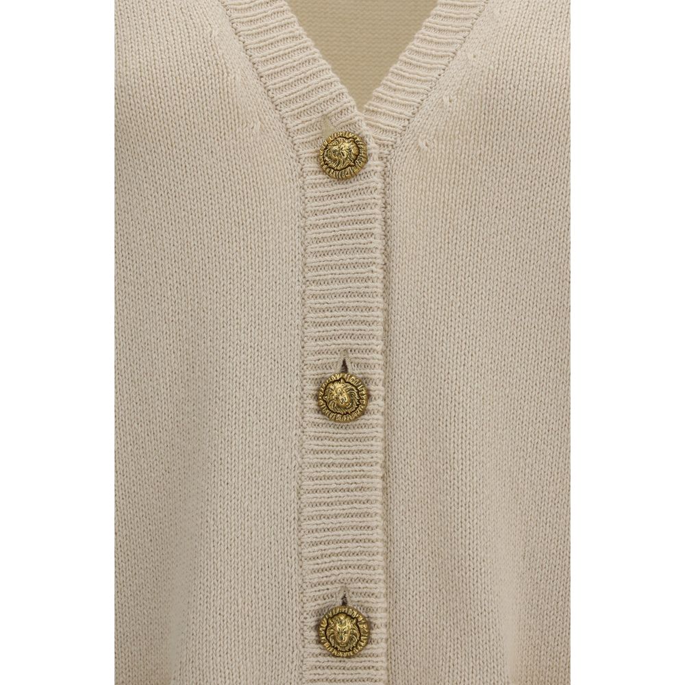 Beige Cotton and Merino Wool V-neck Cardigan