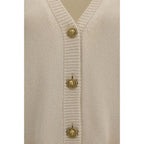 Beige Cotton and Merino Wool V-neck Cardigan