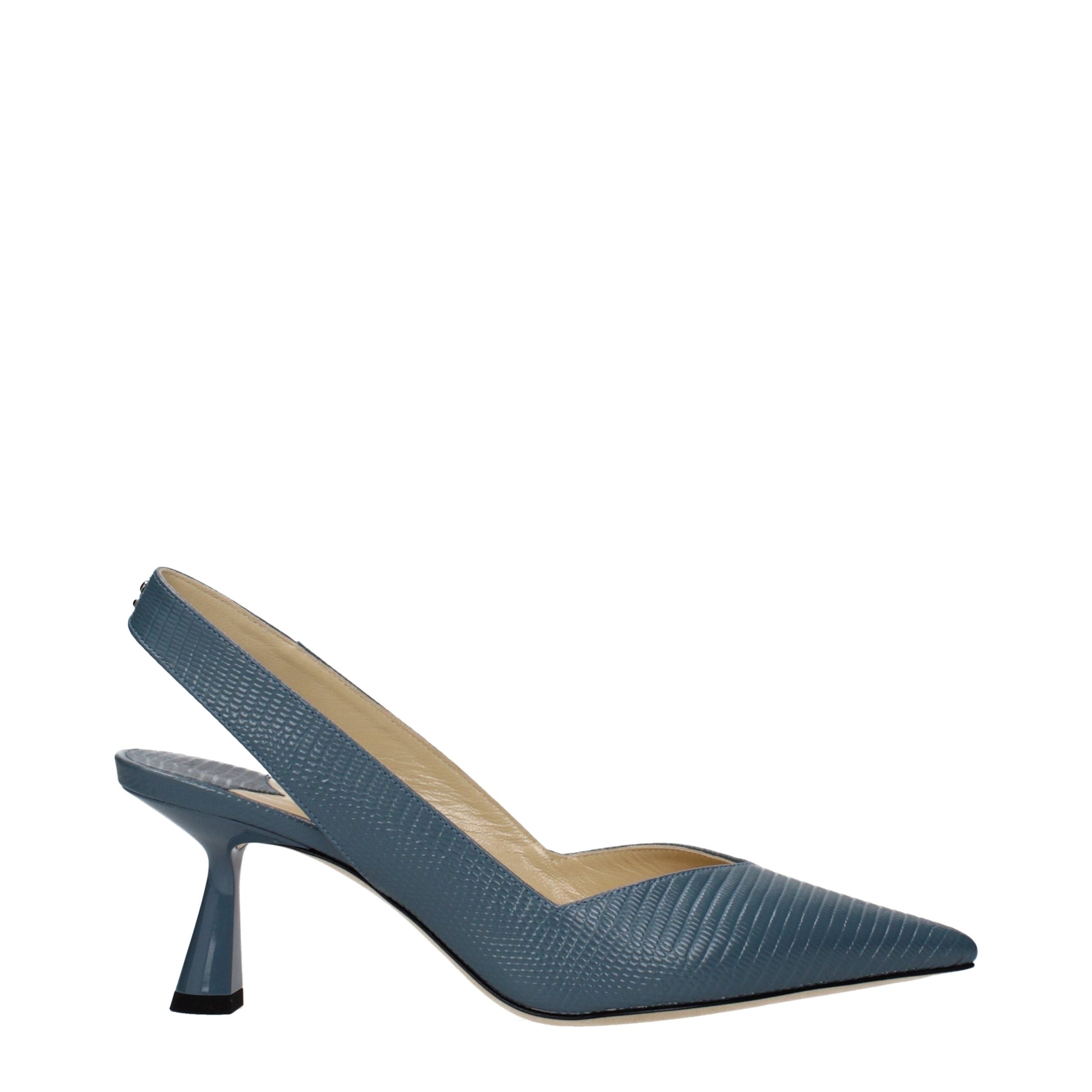 Blue Grained Leather Mid Heel Pumps