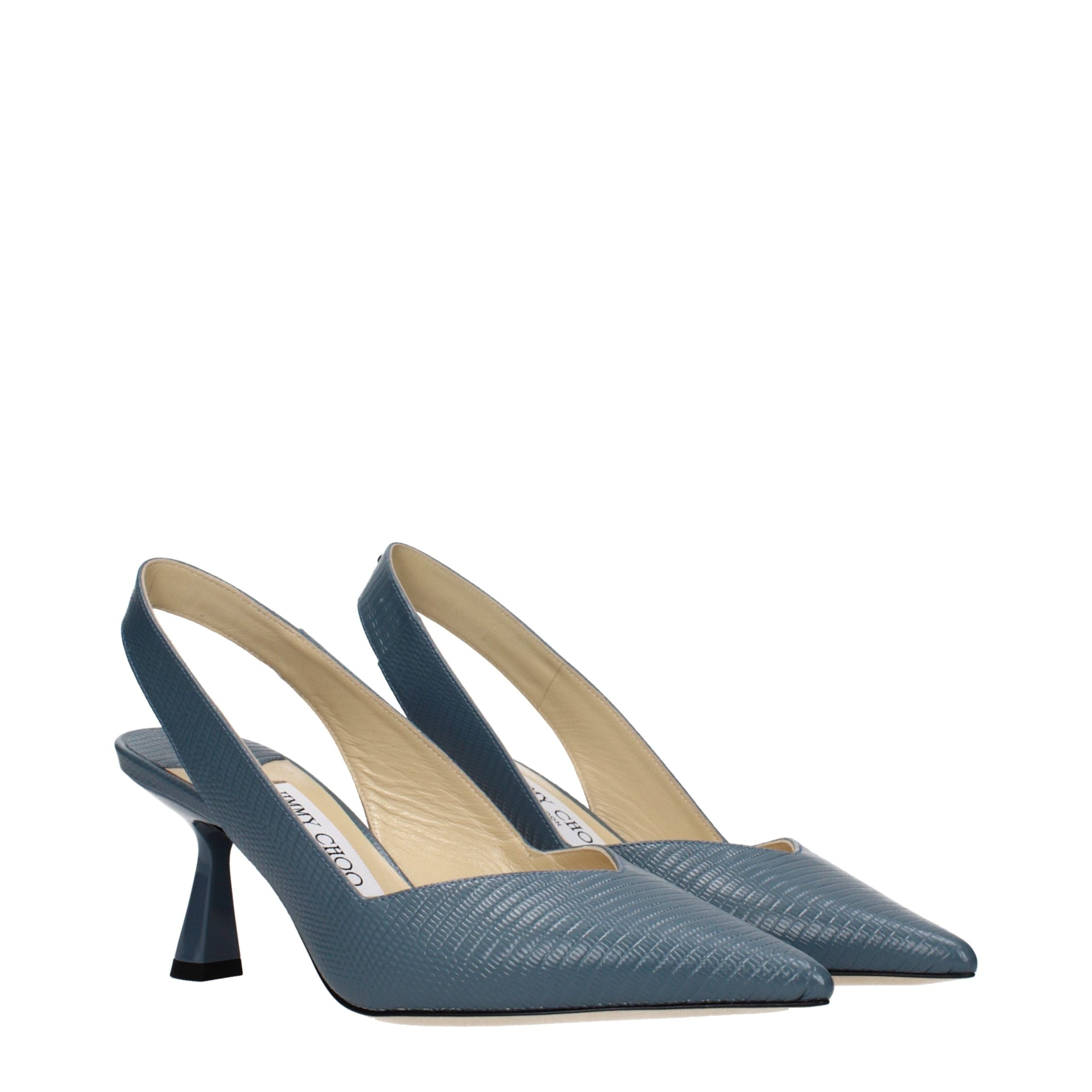 Blue Grained Leather Mid Heel Pumps