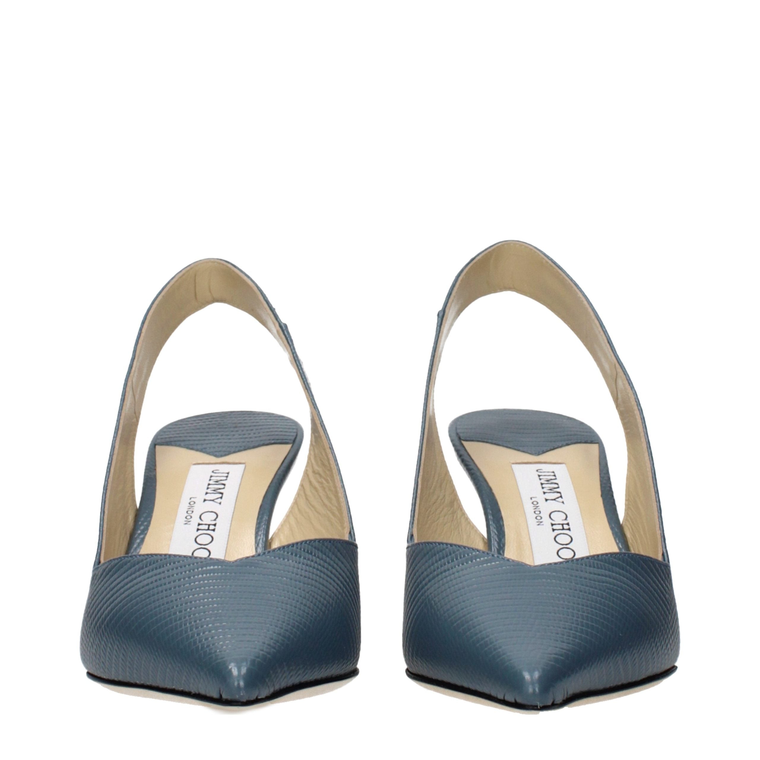 Blue Grained Leather Mid Heel Pumps