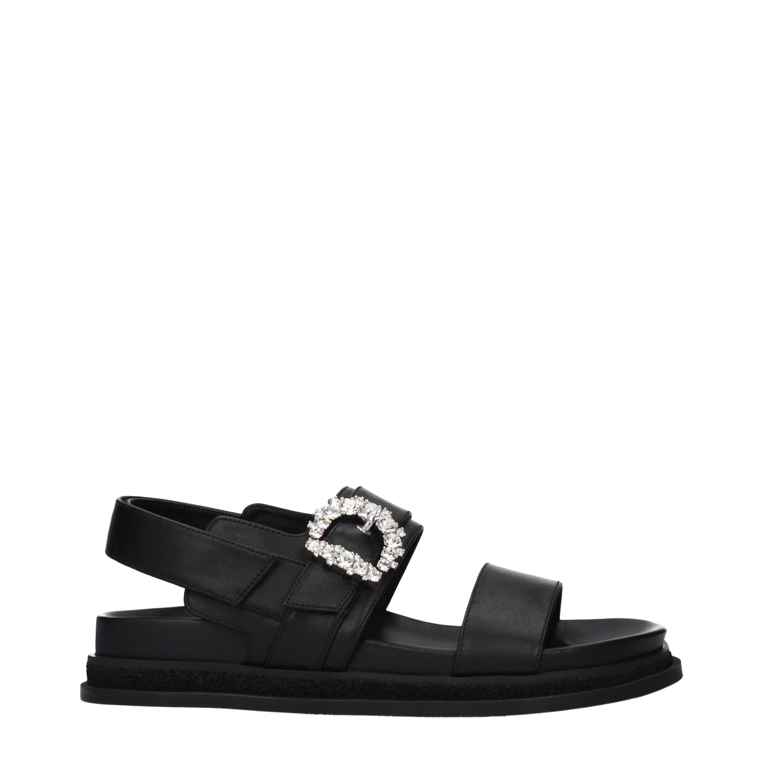 Black Grained Leather Flat Sandals