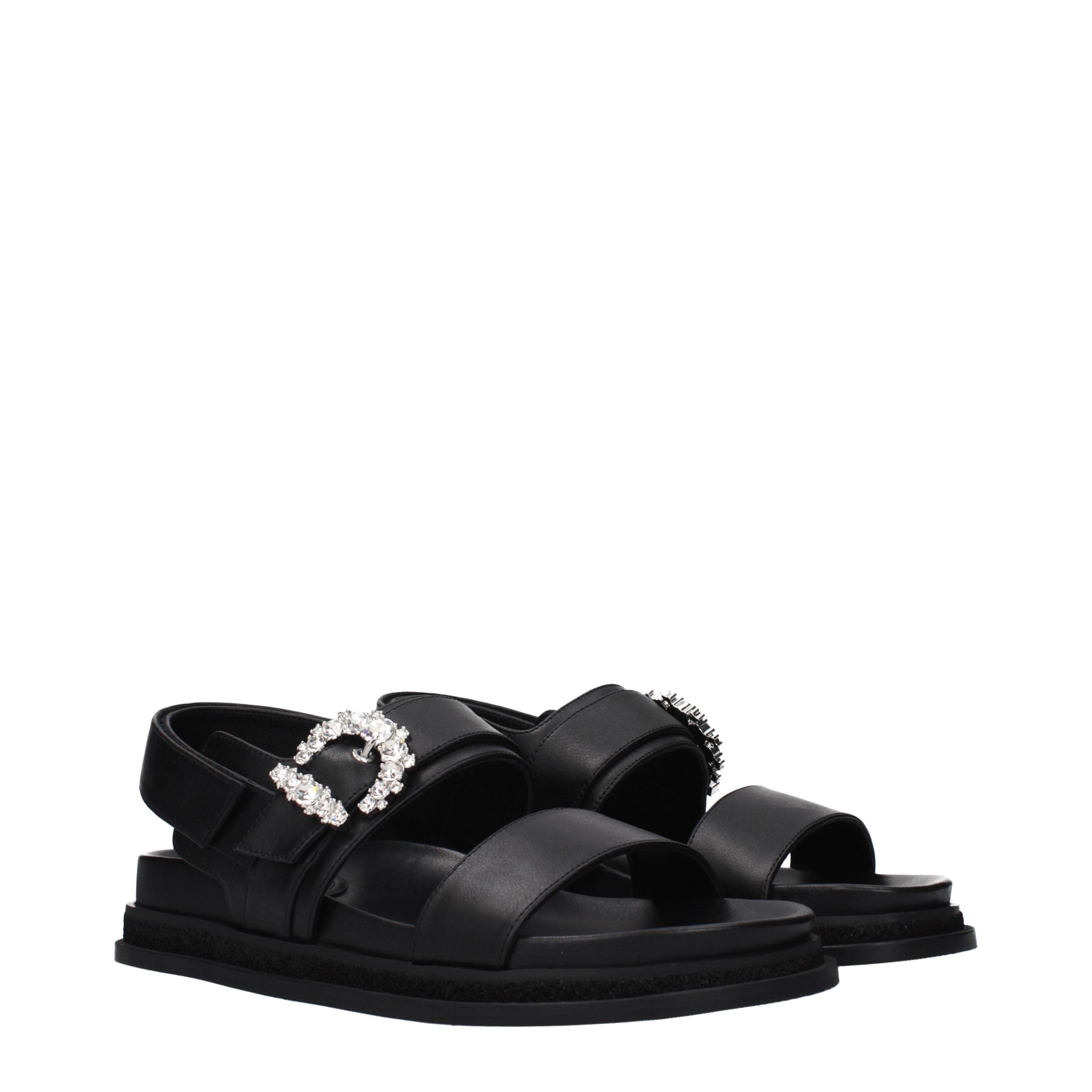 Black Grained Leather Flat Sandals