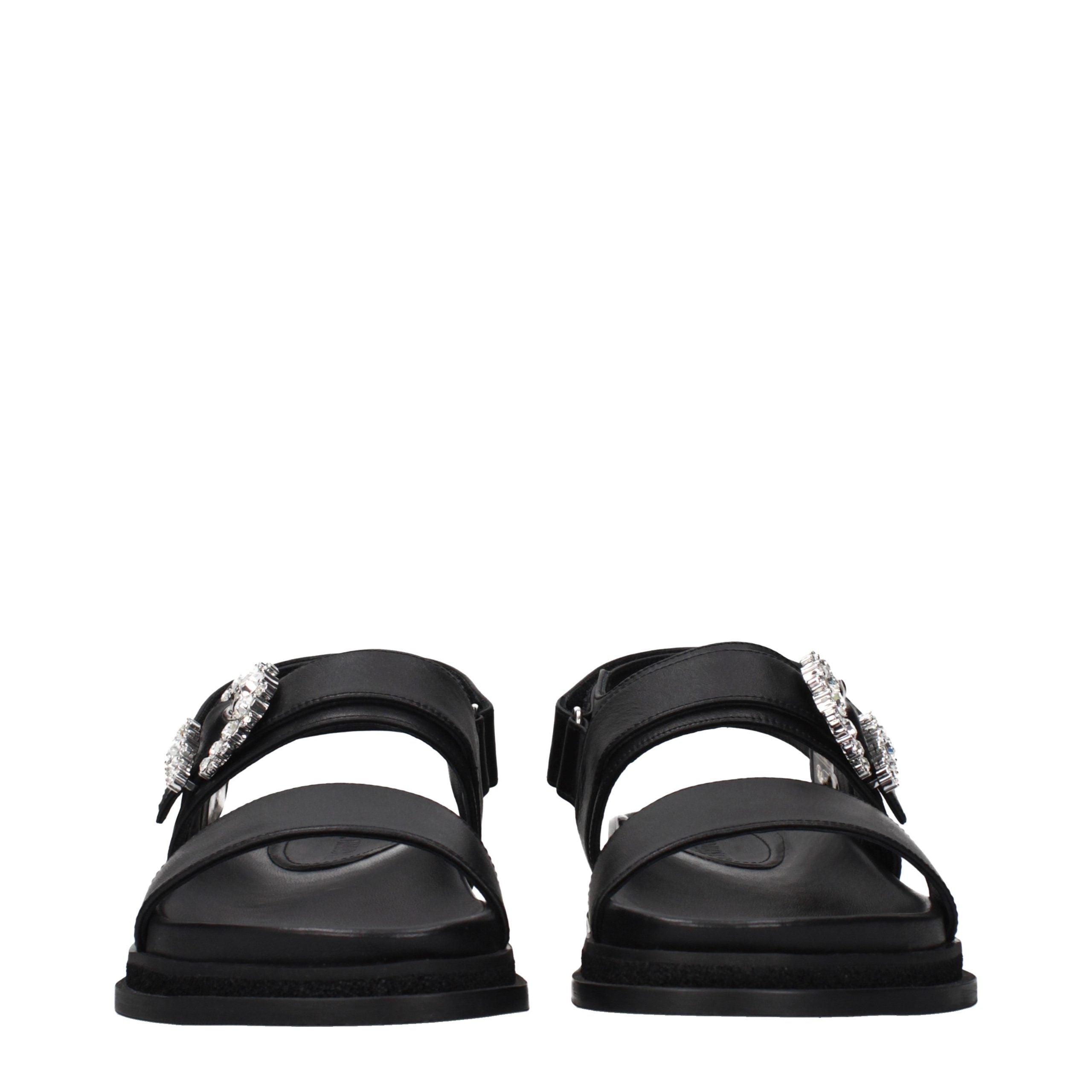 Black Grained Leather Flat Sandals