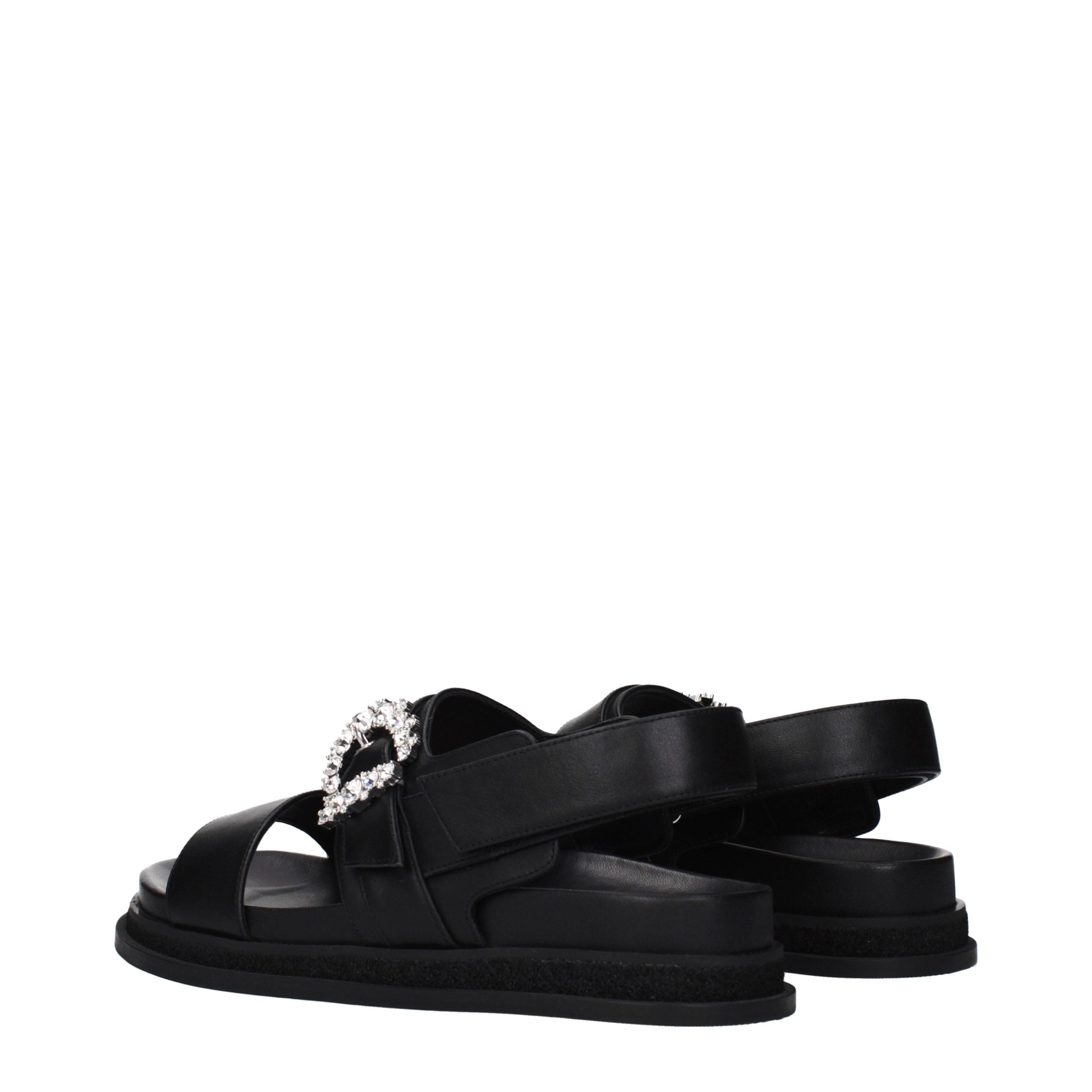 Black Grained Leather Flat Sandals