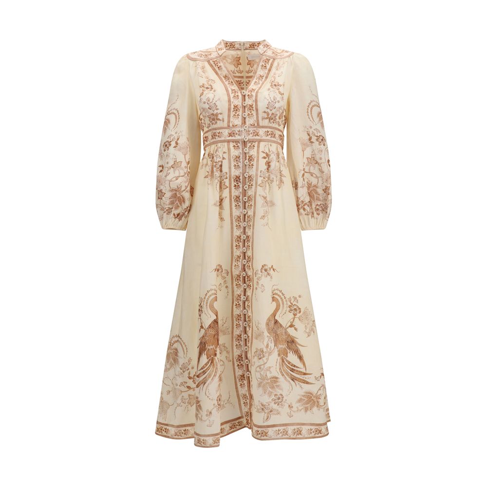 Beige Linen Indra Plunge Floral Midi Dress