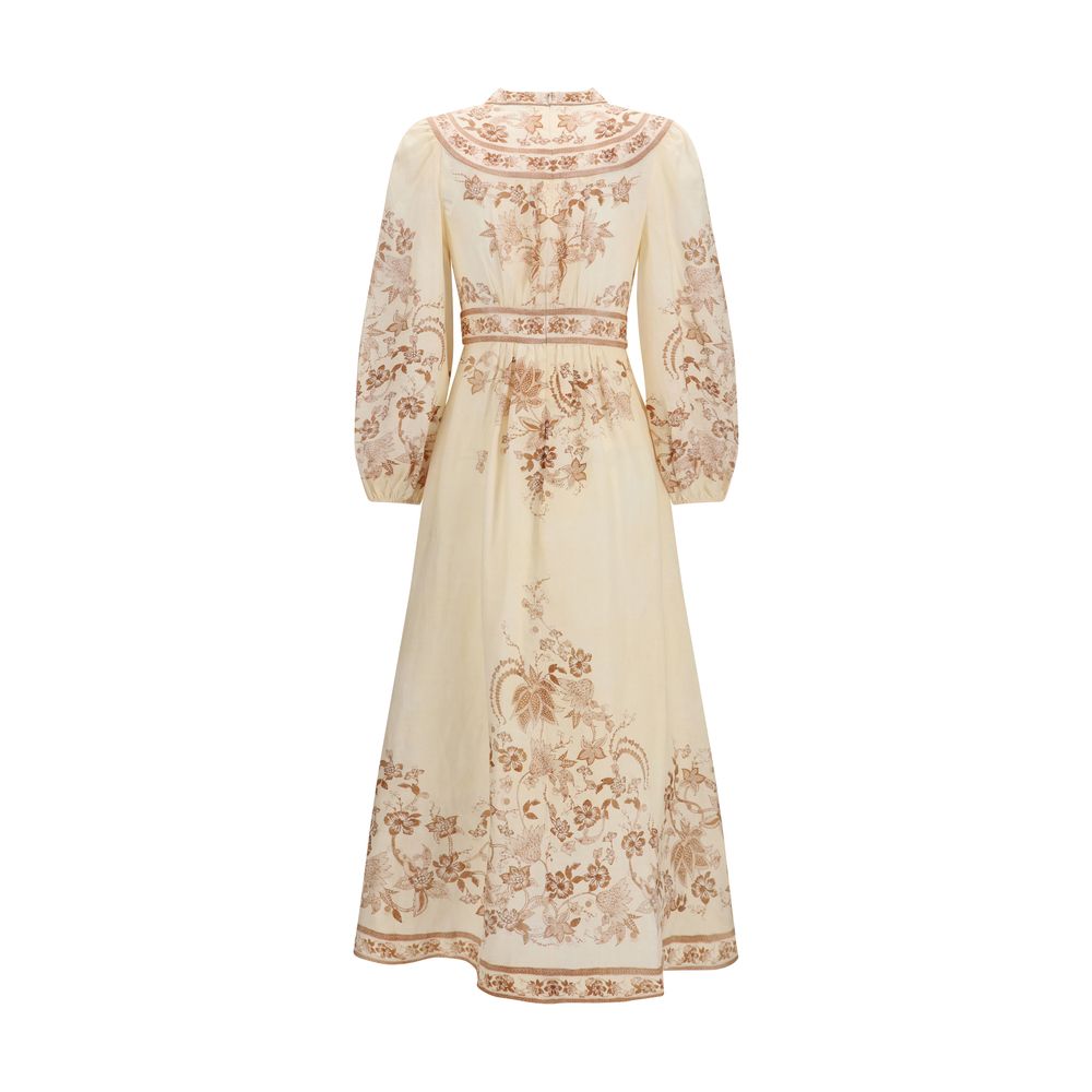 Beige Linen Indra Plunge Floral Midi Dress