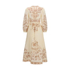 Beige Linen Indra Plunge Floral Midi Dress