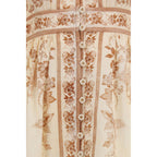 Beige Linen Indra Plunge Floral Midi Dress