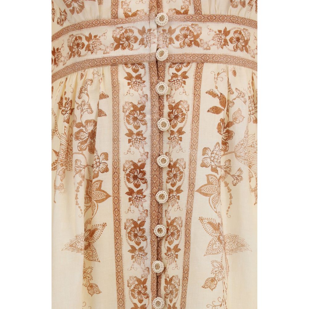 Beige Linen Indra Plunge Floral Midi Dress