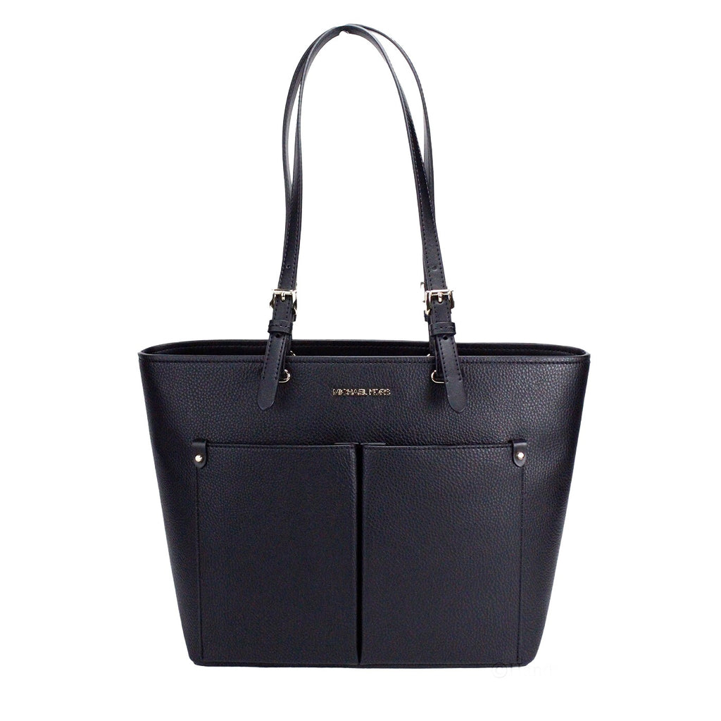 Jet Set Travel Medium Double Pocket Tote in Black/Silver Faux Leather
