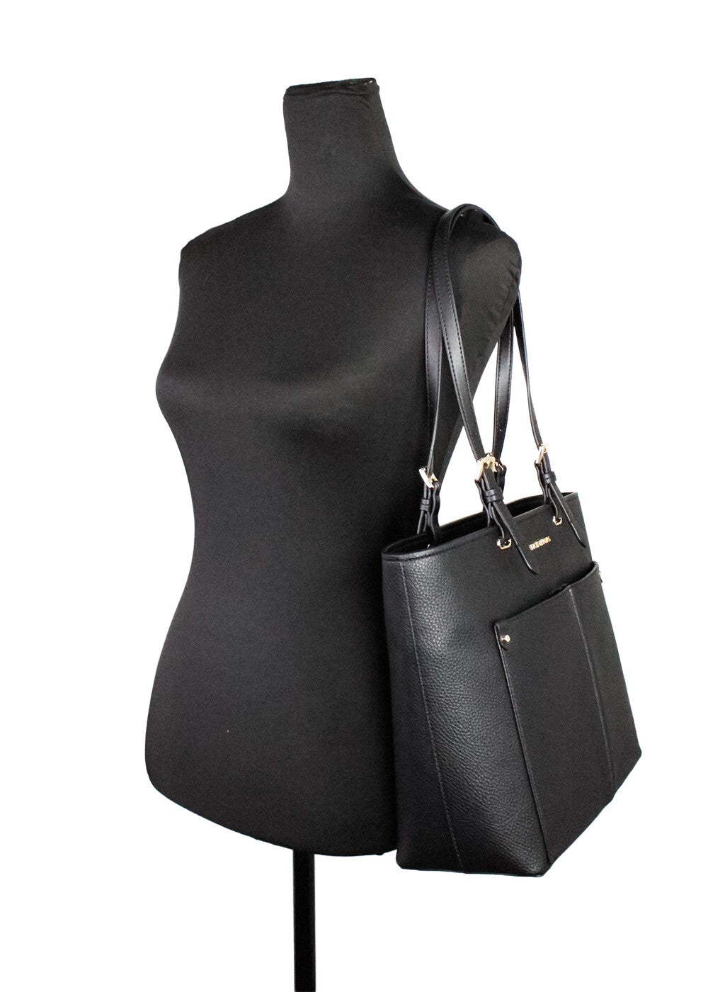 Jet Set Travel Medium Double Pocket Tote in Black/Silver Faux Leather