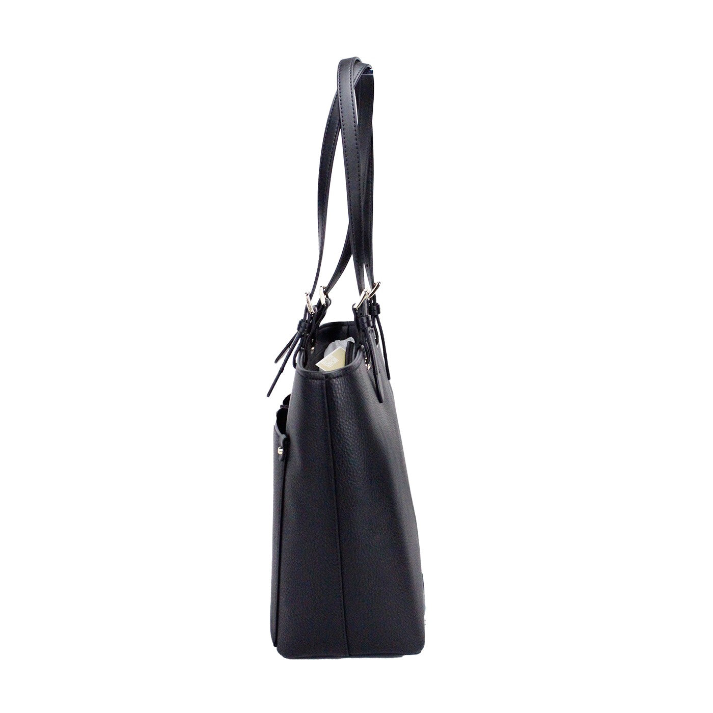Jet Set Travel Medium Double Pocket Tote in Black/Silver Faux Leather