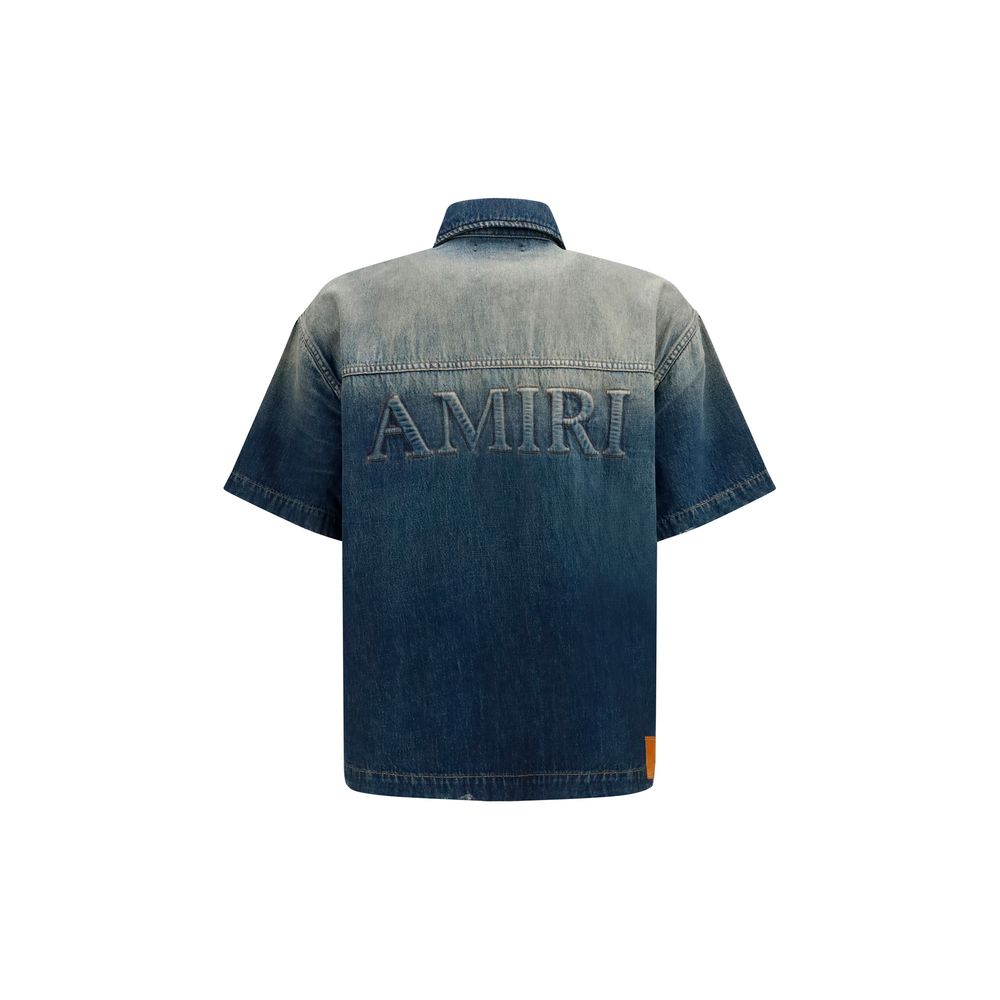 Sun-Faded Denim Shirt with 3D Embroidered Logo